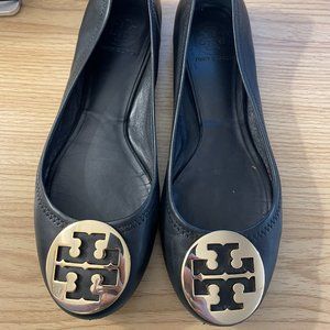 Tory Burch Black Flats with Gold Logo